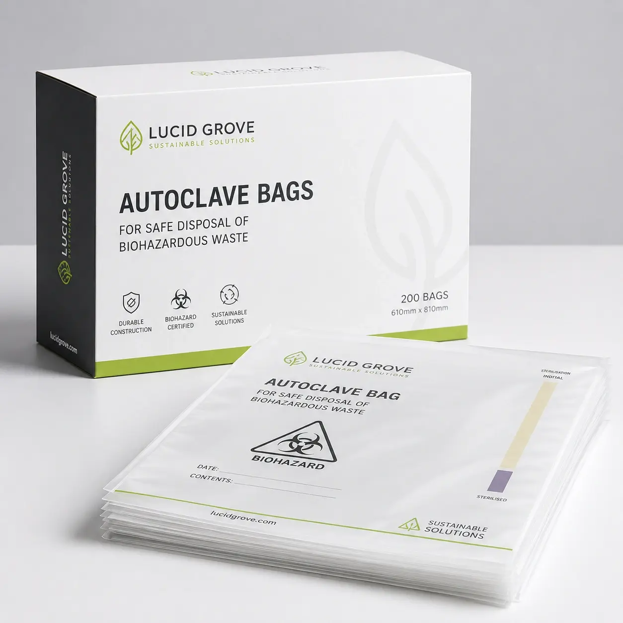 A Lucid Grove box of autoclave biohazard bags with a folded stack of bags beside it.