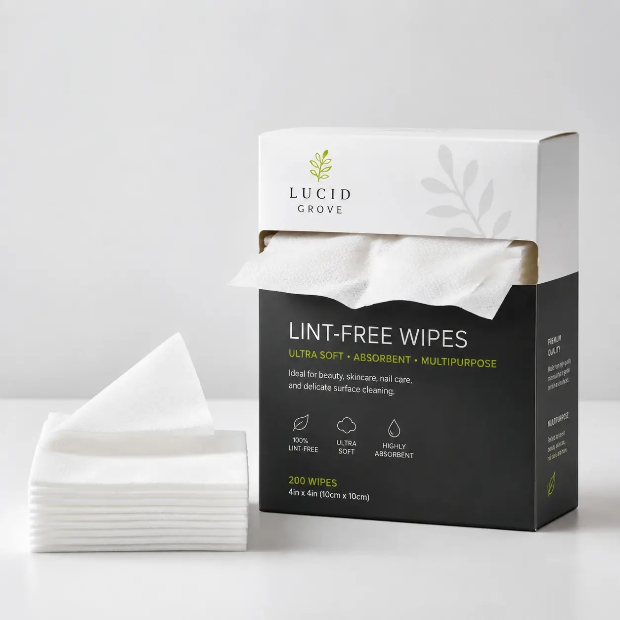 A Lucid Grove pop-up box of lint-free laboratory wipes with a folded stack beside it.