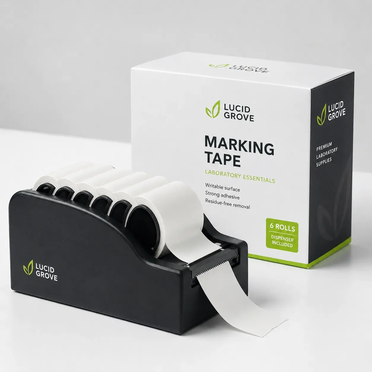 Lucid Grove marking tape loaded on a black weighted bench dispenser, beside the box.