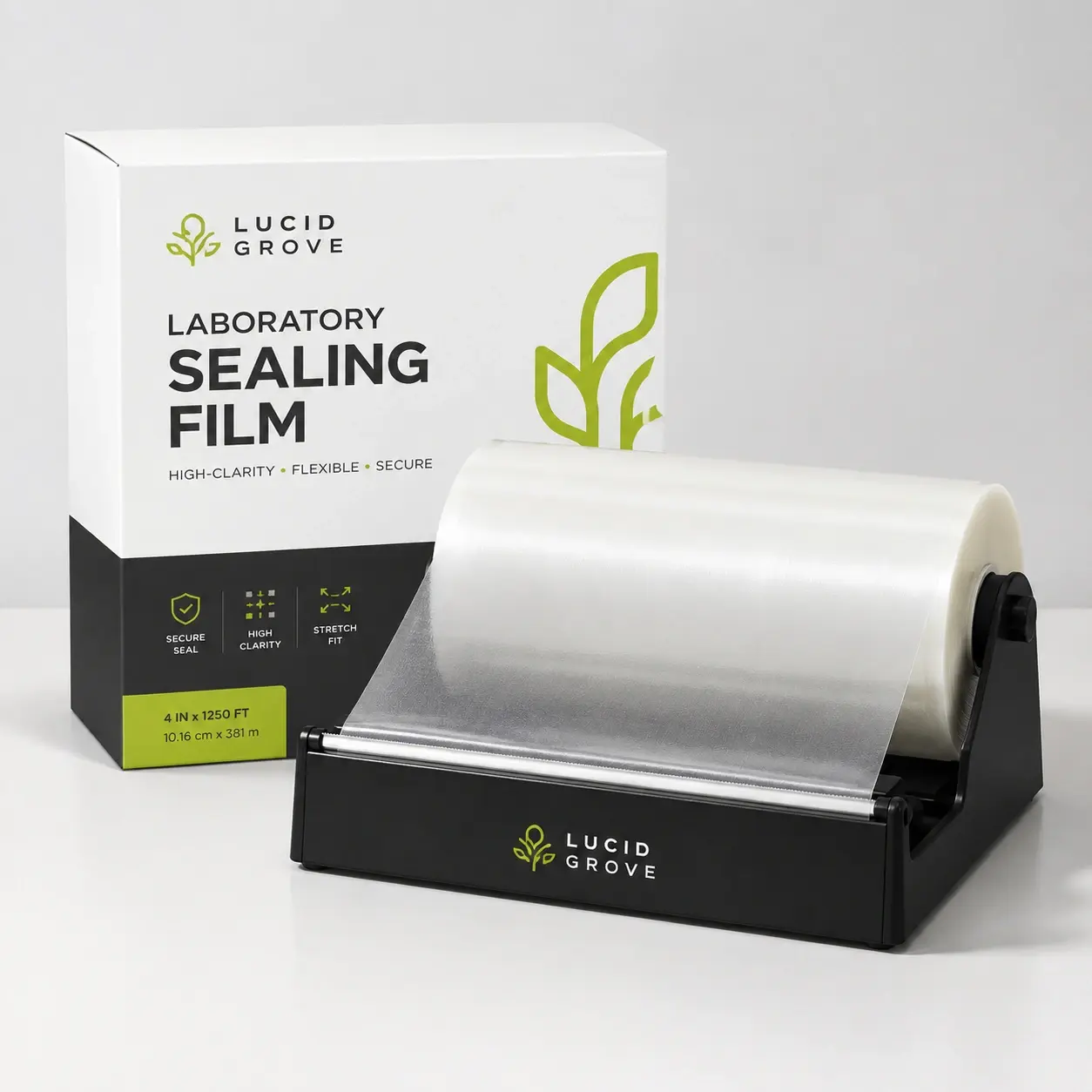A Lucid Grove roll of laboratory sealing film on a black cutting dispenser, beside the box.