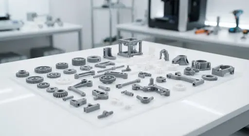 Intricate 3D printed mechanical parts arranged neatly on a clean white laboratory surface.