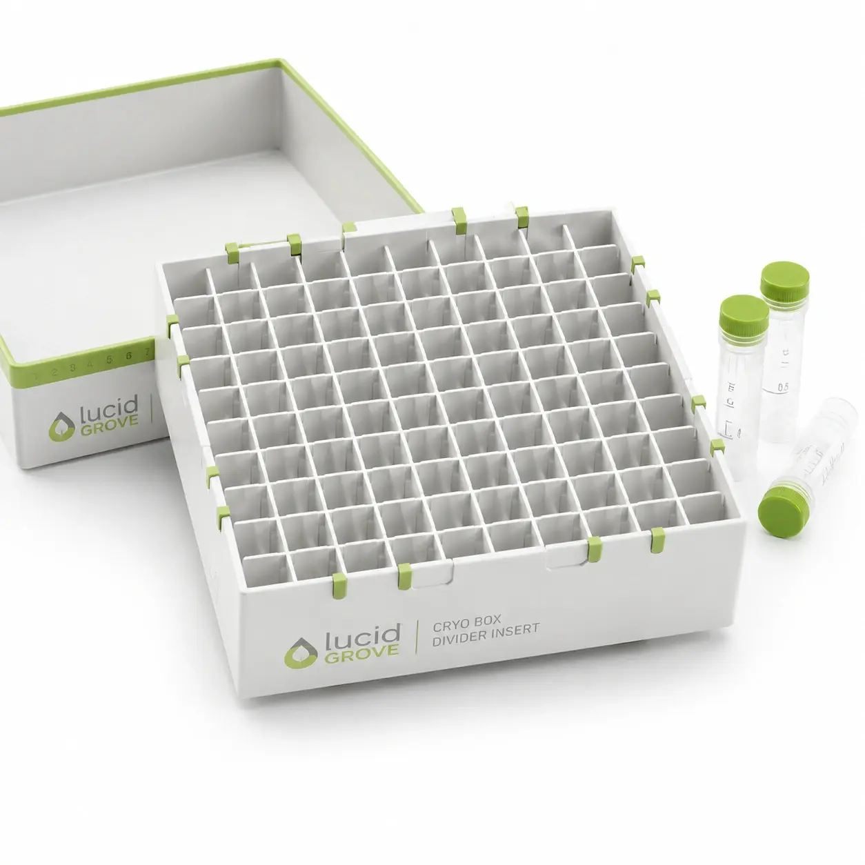 A Lucid Grove cryo box divider insert showing its grid, with the box lid and vials alongside.