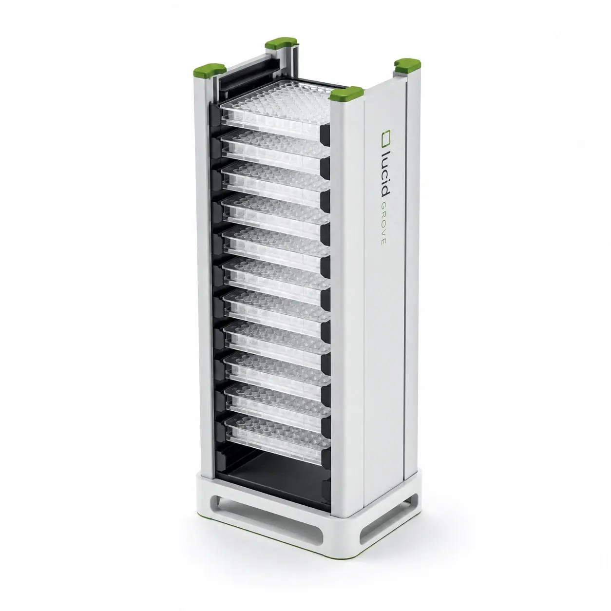 A Lucid Grove microplate transport stack holding a column of loaded microplates.