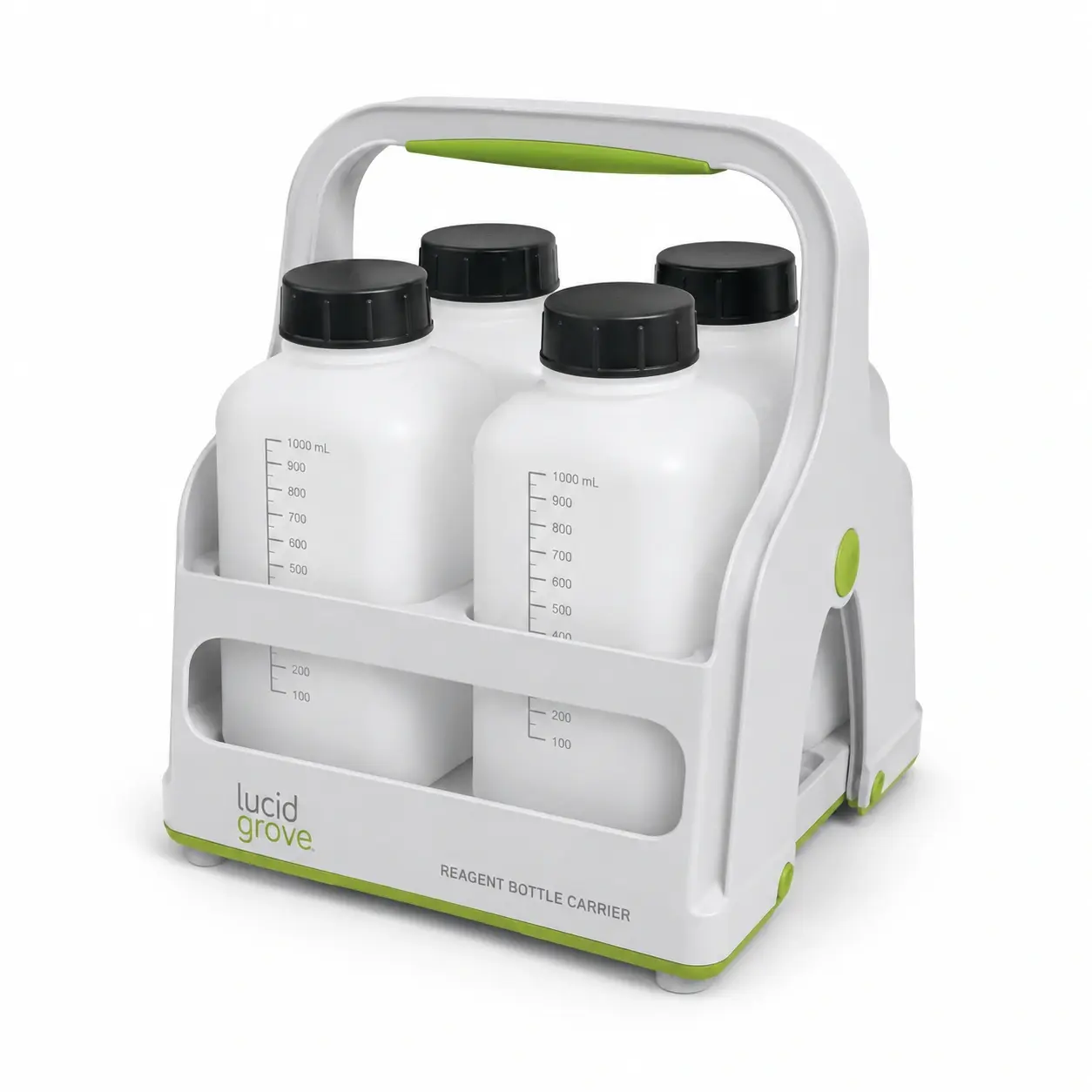 A Lucid Grove reagent bottle carrier holding four graduated bottles by its lime handle.