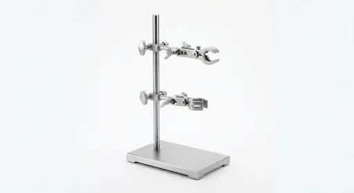 A heavy duty stainless steel lab stand with clamps against a bright white background.
