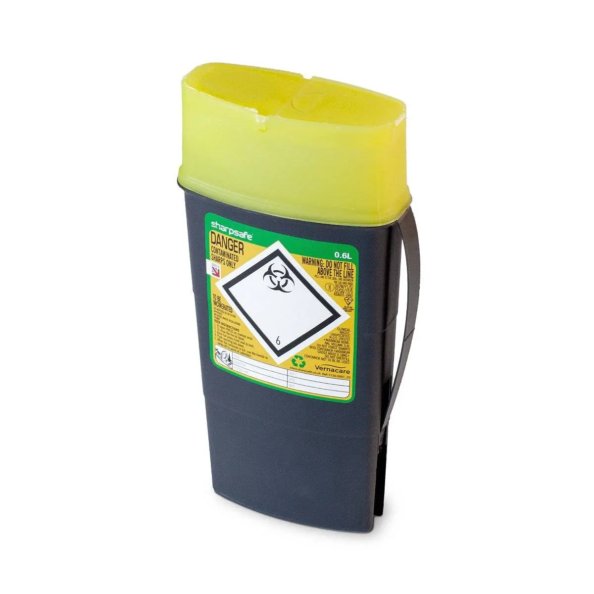0.6 litre Sharpsafe Yellow sharps bin photographed against a plain background.
