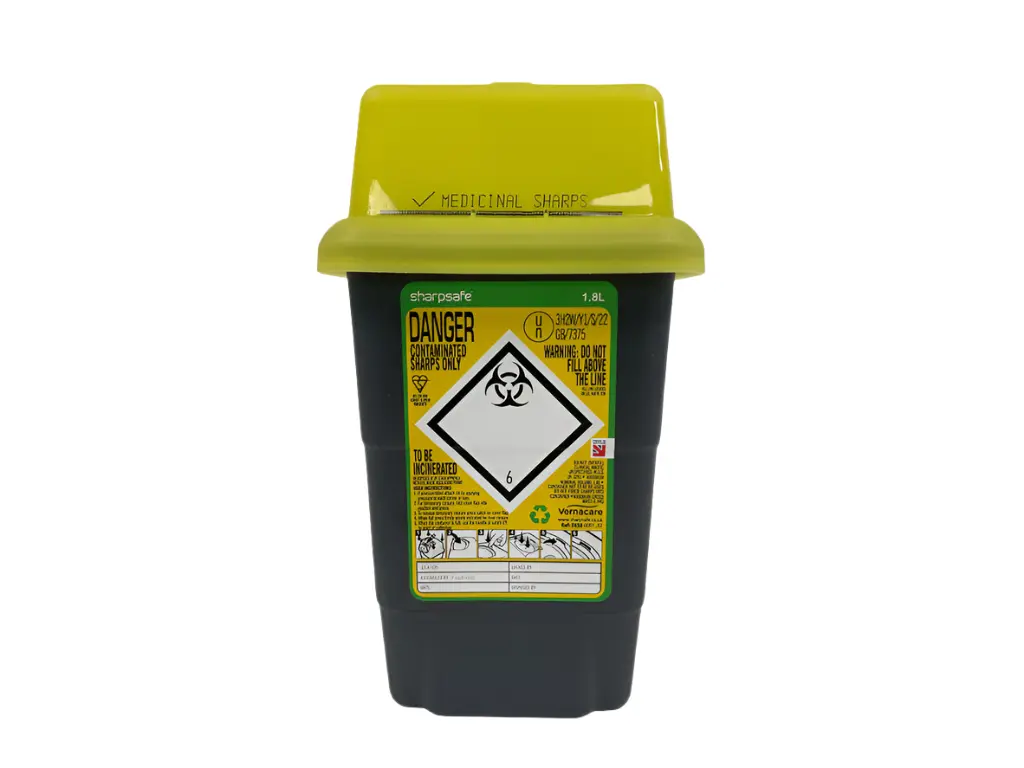 1.8 Litre Sharpsafe Yellow Sharps Bin photographed against a plain background.