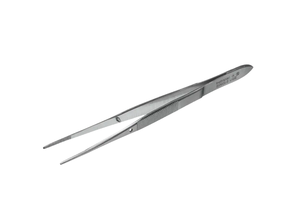 10cm Instrapac Iris Forceps, Non-Toothed photographed against a plain background.