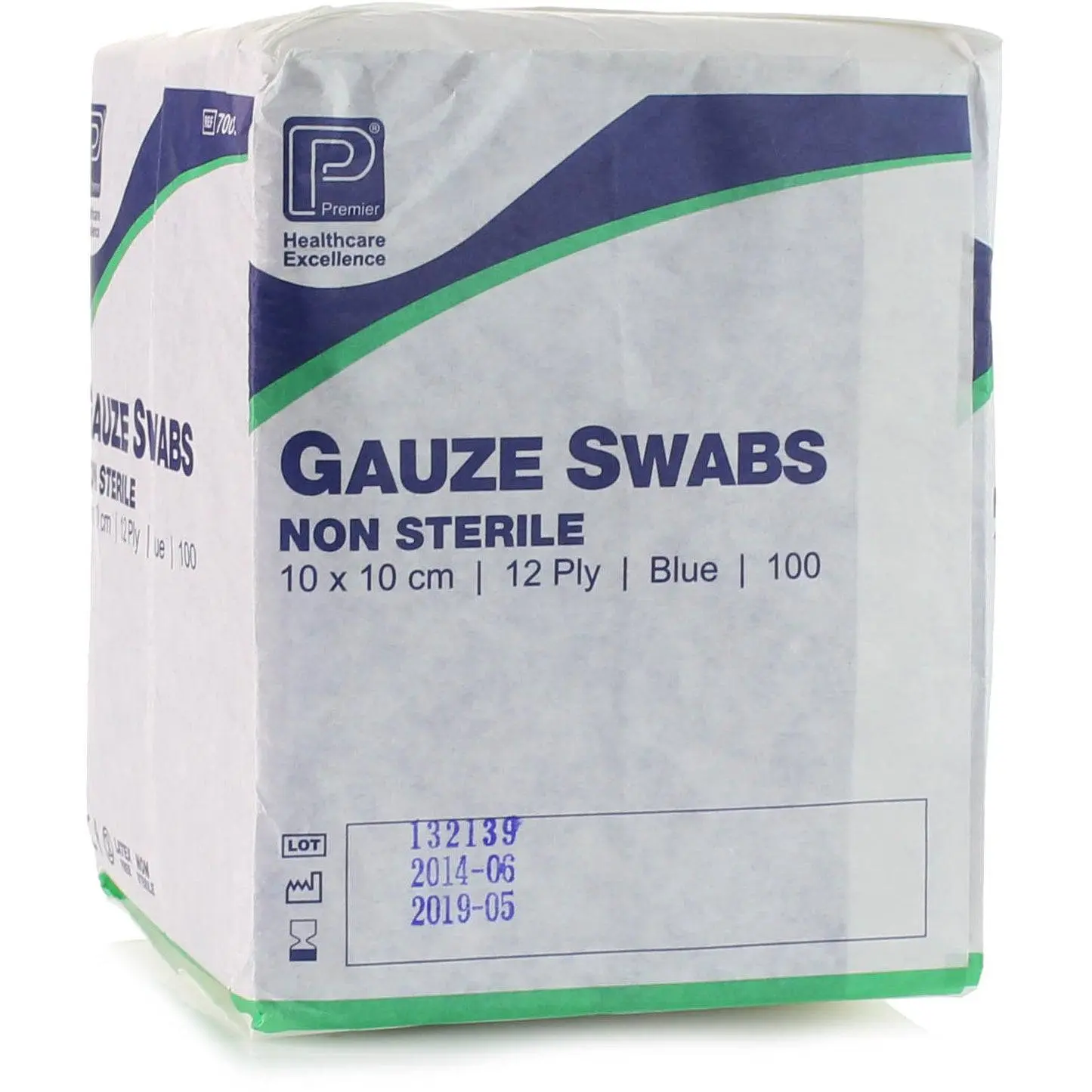 10cm x 10cm 12ply Premier Blue Cotton Gauze Swabs Pack of 100 photographed against a plain background.