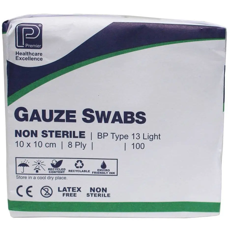 10cm x 10cm 8ply Premier Green Cotton Gauze Swabs Pack of 100 photographed against a plain background.