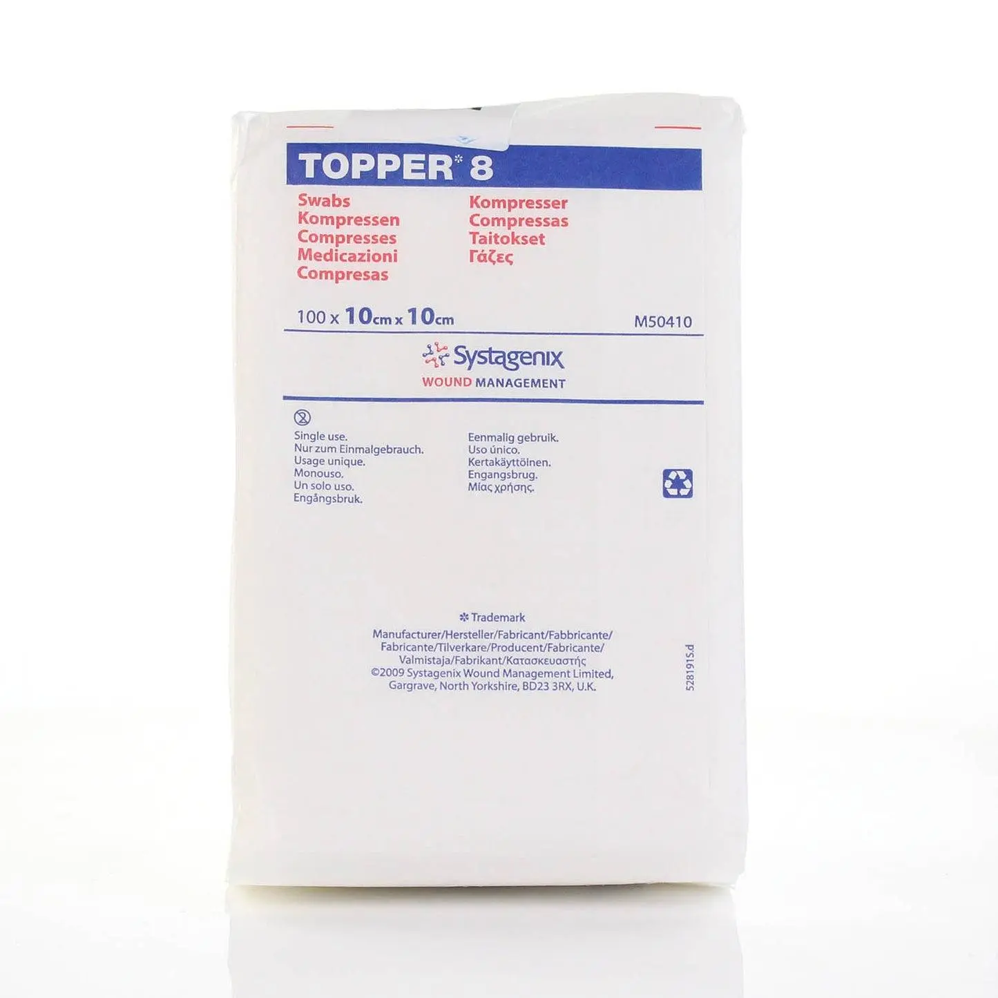 10cm x 10cm Topper 8 4 ply Non Sterile Swabs Pack of 100 J&J photographed against a plain background.