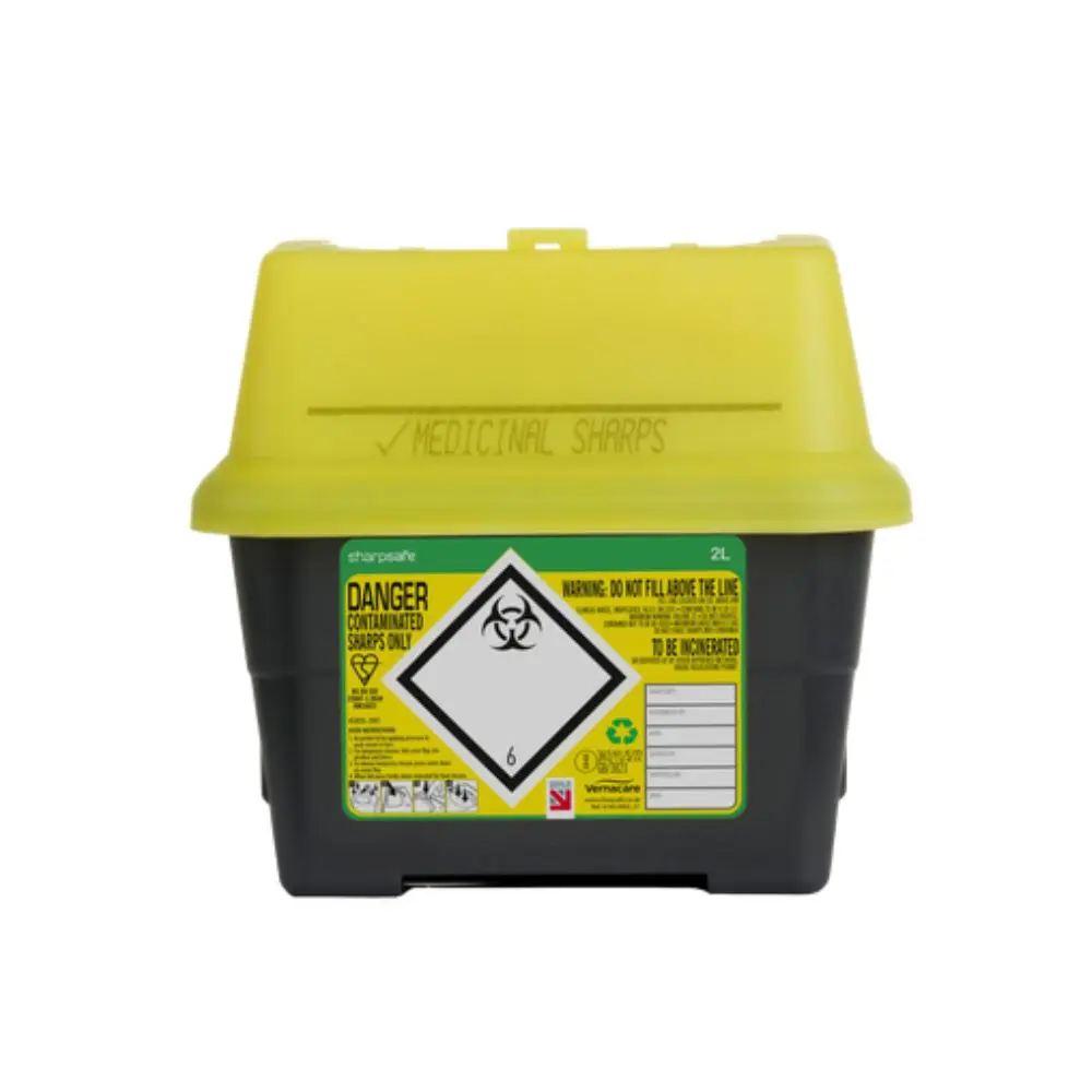 2 Litre Sharpsafe Yellow Sharps Bin photographed against a plain background.