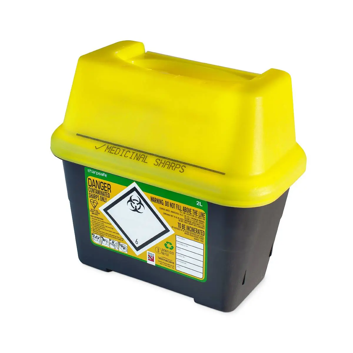 2 litre Sharpsafe Yellow sharps bin photographed against a plain background.
