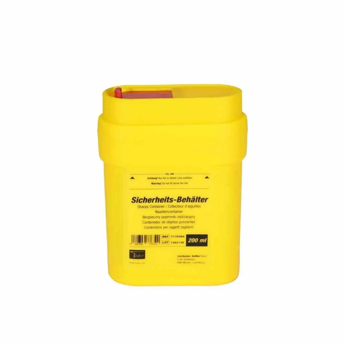 200ml Teqler Yellow Sharps Bin photographed against a plain background.
