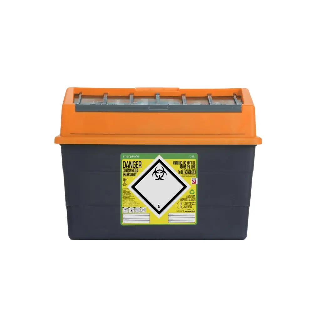 24 Litre Sharpsafe Orange Sharps Bin photographed against a plain background.