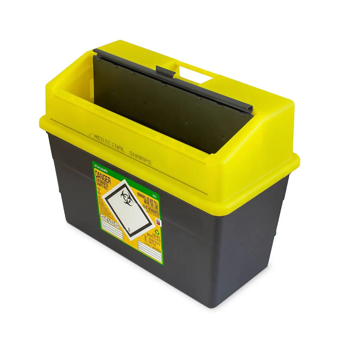 24 litre Sharpsafe Yellow sharps bin photographed against a plain background.