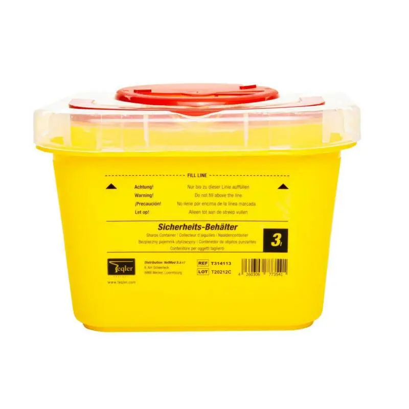 3 litre Teqler Yellow sharps bin photographed against a plain background.