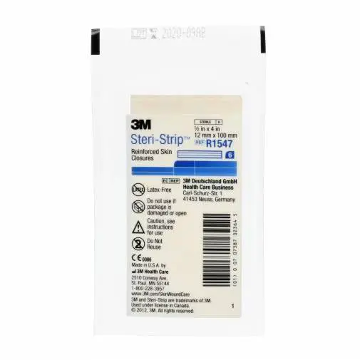 3M Steri-Strip 12mm x 100mm Reinforced Skin Closures Pack of 6 photographed against a plain background.