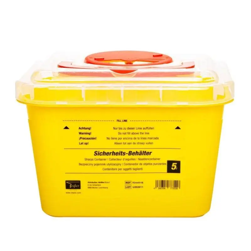 5 Litre Teqler Yellow Sharps Bin photographed against a plain background.