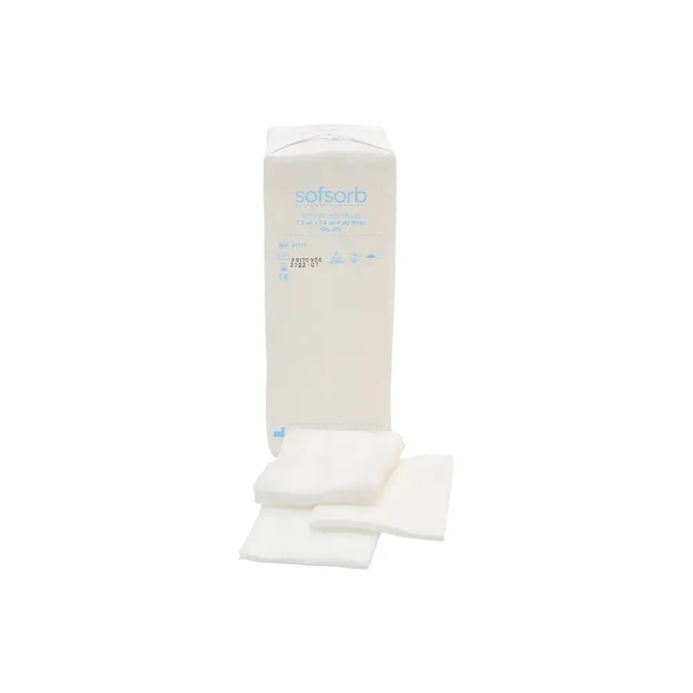 7.5cm x 7.5cm 4Ply Sofsorb Non-woven Swabs Pack of 200 photographed against a plain background.