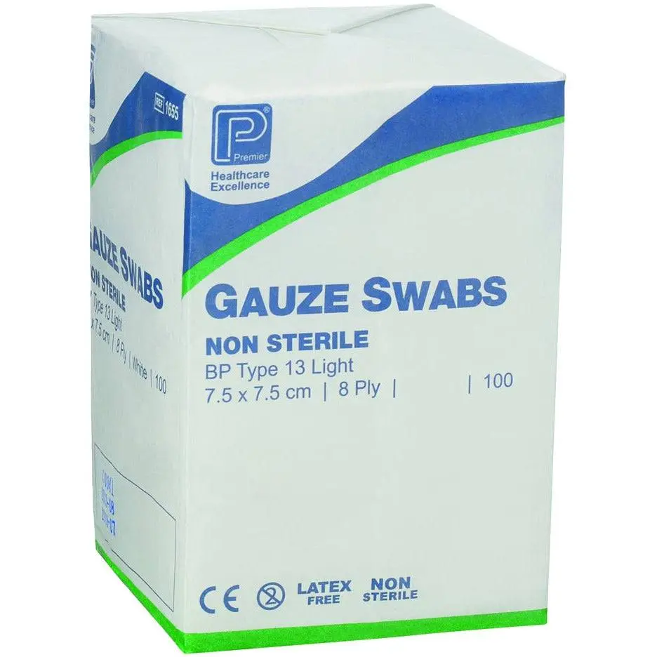 7.5cm x 7.5cm 8ply Premier Green Cotton Gauze Swabs Pack of 100 photographed against a plain background.
