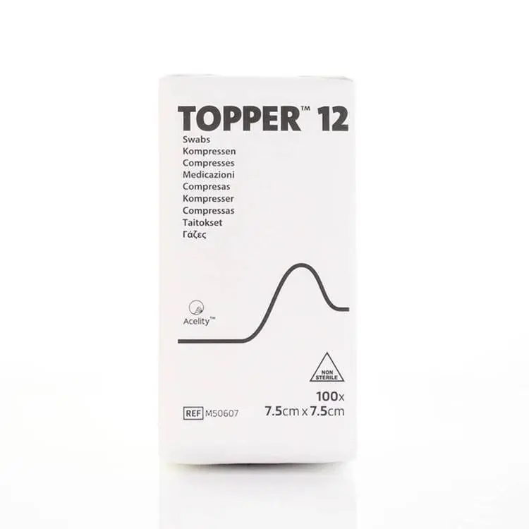 7.5cm x 7.5cm Topper 12 Swabs Pack of 100 photographed against a plain background.