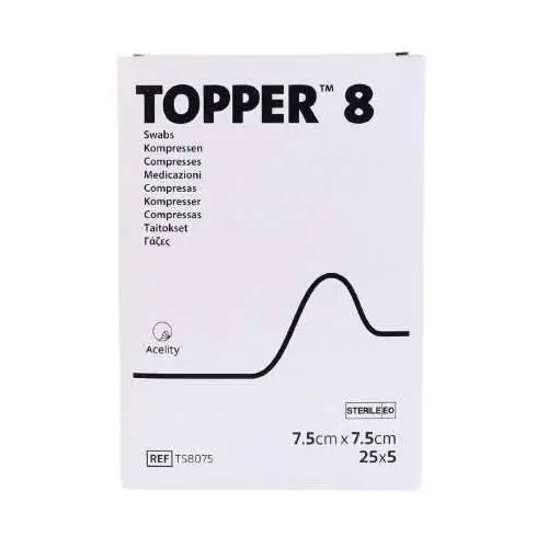 7.5cm x 7.cm Topper 8 12 ply Non Sterile Swabs Pack of 125 J&J photographed against a plain background.