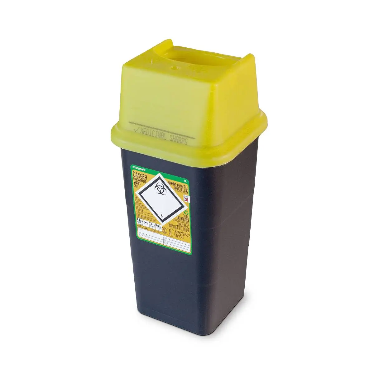 7 litre Sharpsafe Yellow Sharps Bin photographed against a plain background.
