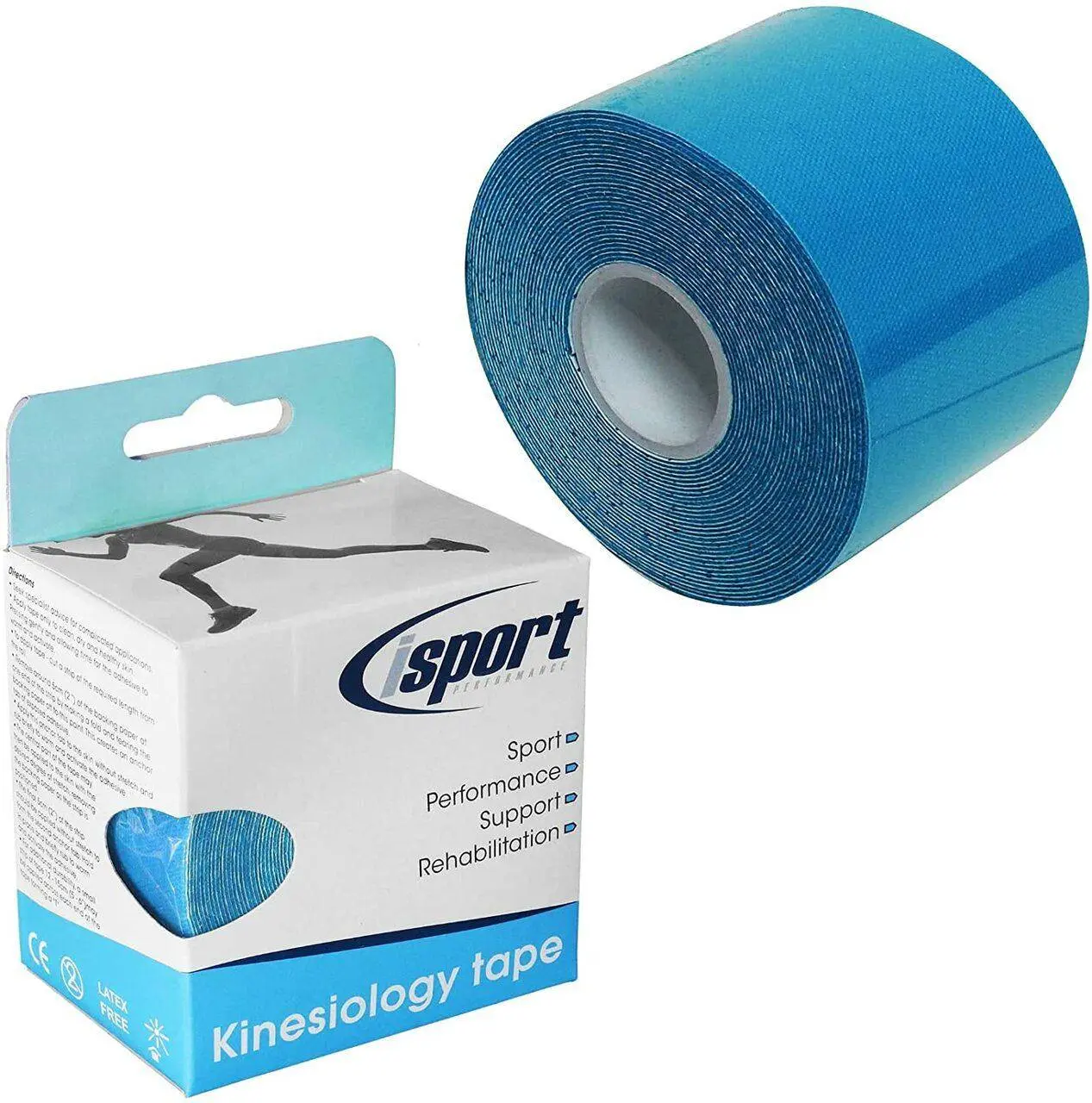 Blue Kinesiology Tape 5cm x 5m isport Performance photographed against a plain background.
