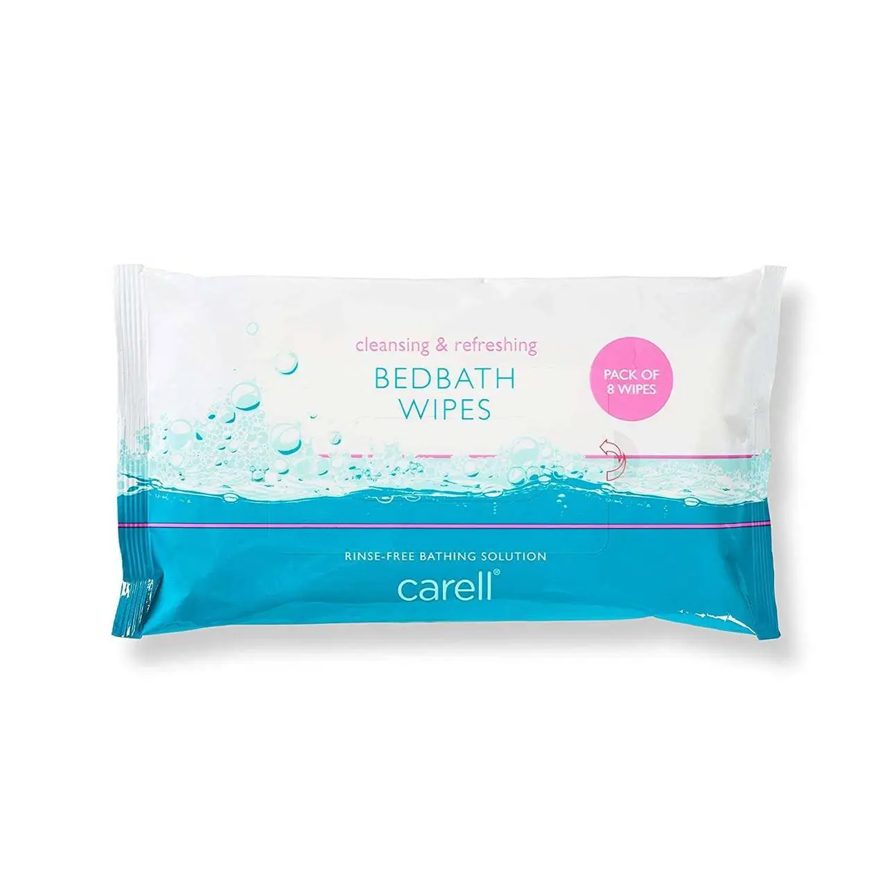 Carell Bed Bath Wipes Pack of 8 Wipes photographed against a plain background.