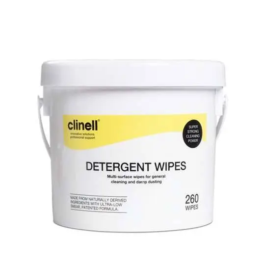 Clinell Detergent Wipes Tub of 260 photographed against a plain background.