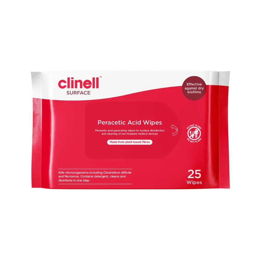 Clinell Peracetic Acid Wipes Pack of 25 photographed against a plain background.