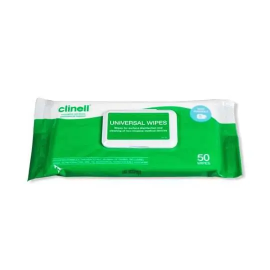 Clinell Universal Wipes Adhesive Back Pack of 50 photographed against a plain background.