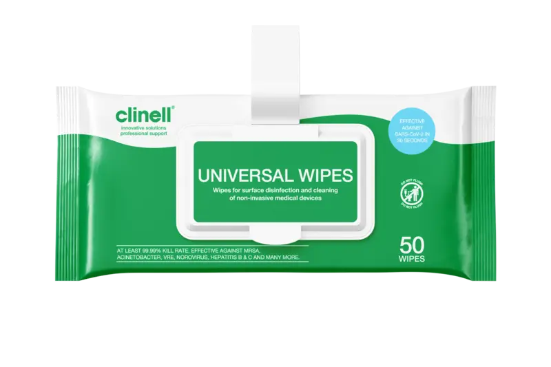 Clinell Universal Wipes Clip Pack 50 photographed against a plain background.