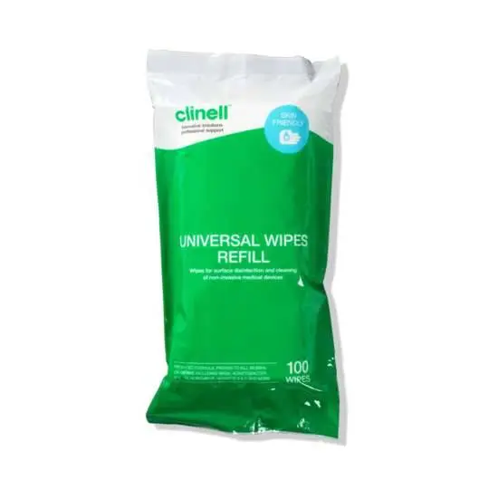 Clinell Universal Wipes Tub Refill 100 photographed against a plain background.