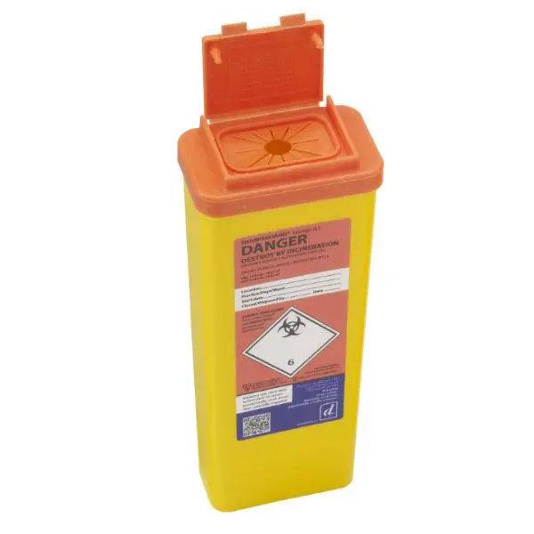 Daniels 0.5 Litre Sharpsguard Orange sharps bin photographed against a plain background.