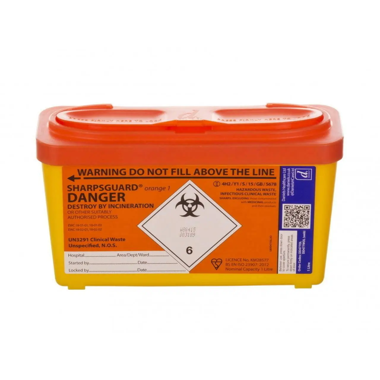Daniels 1 Litre Sharpsguard Orange Sharps Bin photographed against a plain background.