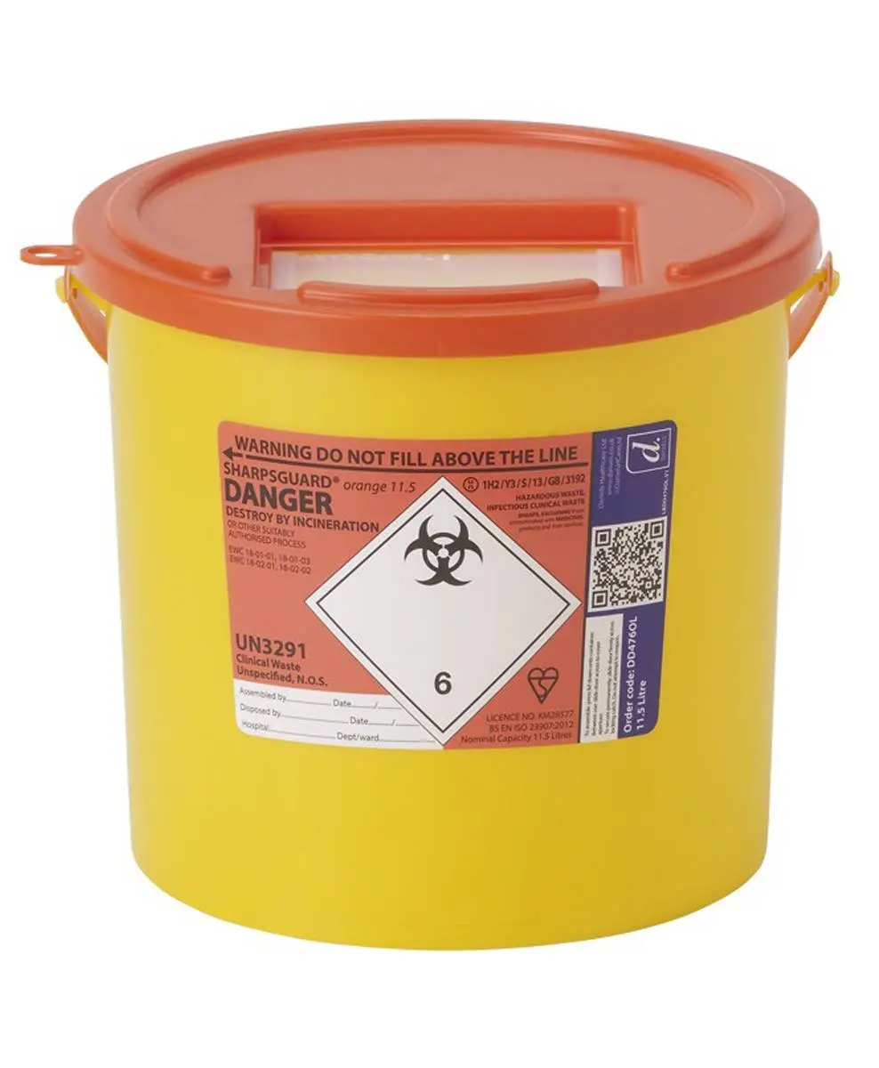 Daniels 11.5 Litre Sharpsguard Orange Sharps Bin photographed against a plain background.