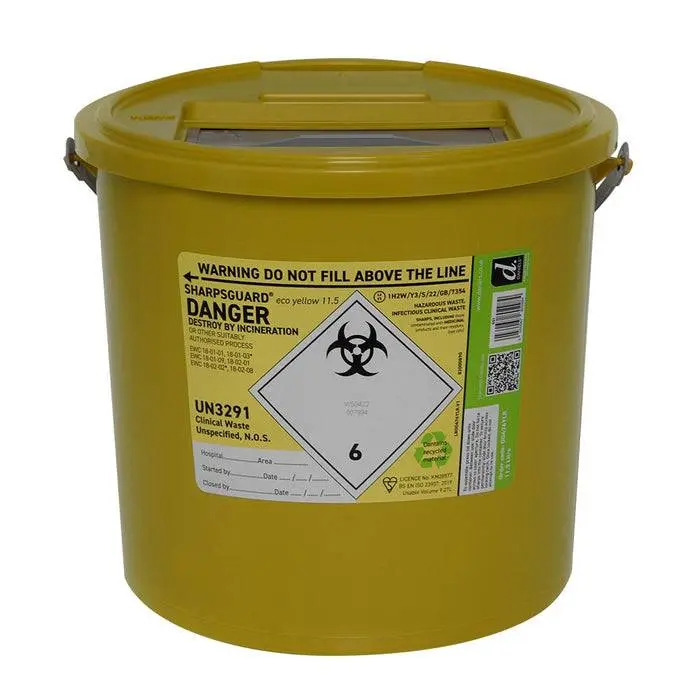 Daniels 11.5 Litre Sharpsguard Yellow Sharps Bin photographed against a plain background.
