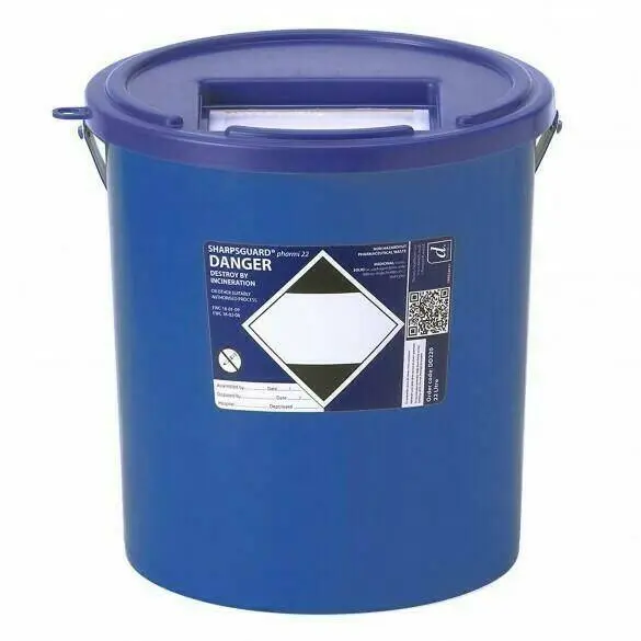Daniels 22 Litre Sharpsguard Blue Pharmi Sharps Bin photographed against a plain background.