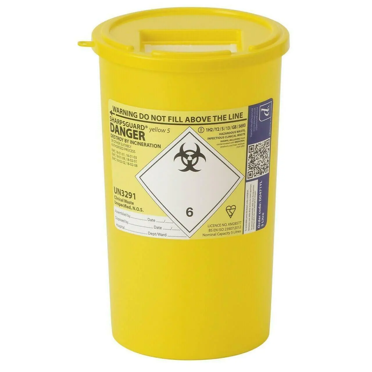 Daniels 5 Litre Sharpsguard Yellow Sharps Bin photographed against a plain background.