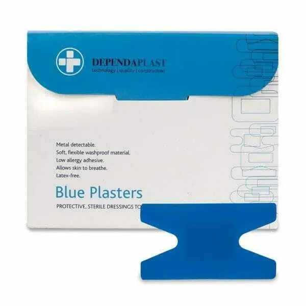 Dependaplast blue food area plasters anchor box of 50 photographed against a plain background.