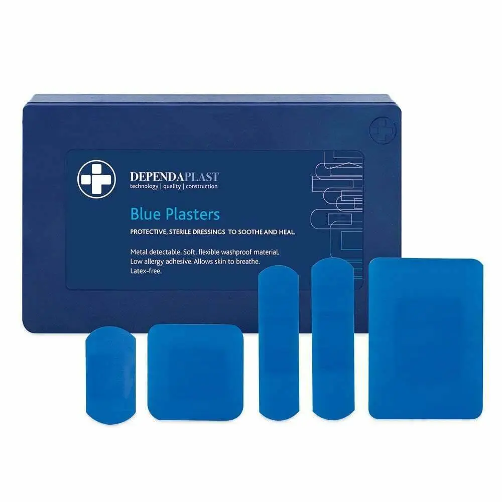Dependaplast Blue Food Area Plasters - Assorted Size x 120 photographed against a plain background.
