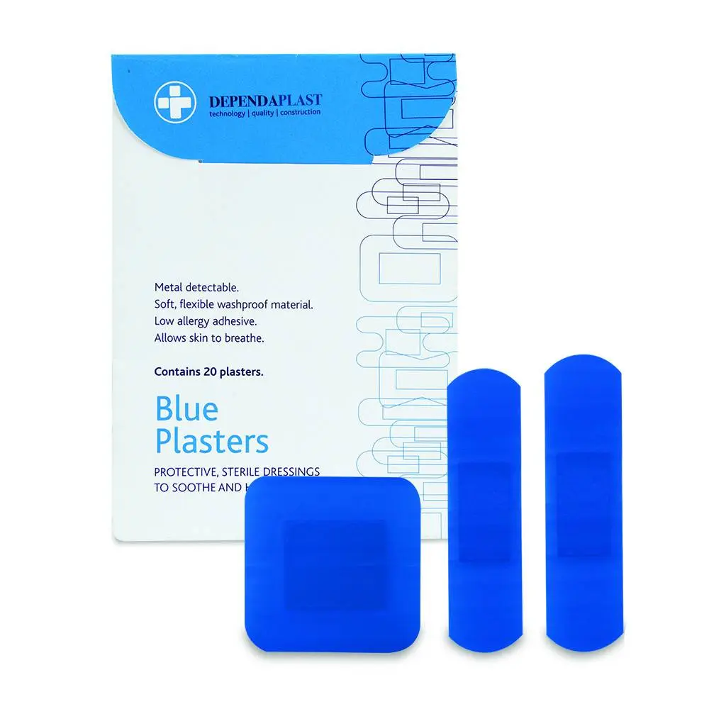 Dependaplast Blue Plasters Assorted Pack of 20 photographed against a plain background.