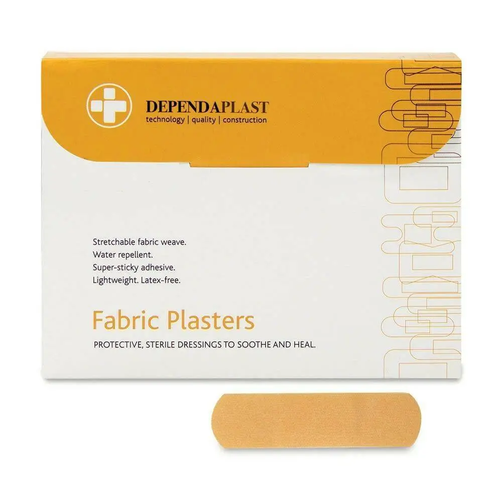 Dependaplast Fabric Plasters - 7.5cm x 2.5cm x 100 photographed against a plain background.