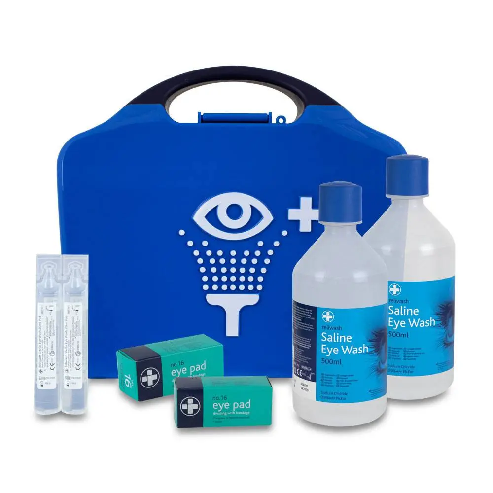Double Eye Wash Station in Blue Aura3 Box photographed against a plain background.