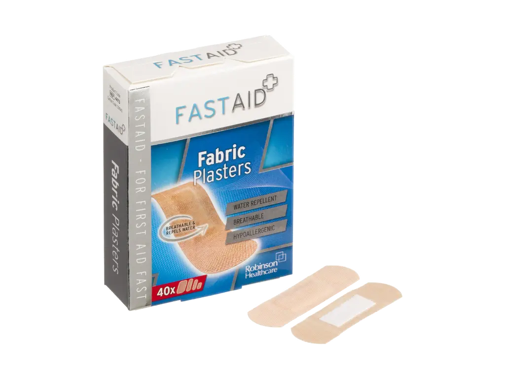 Fast Aid Antiseptic Fabric Plasters 40 Assorted Plasters In 4 Sizes photographed against a plain background.