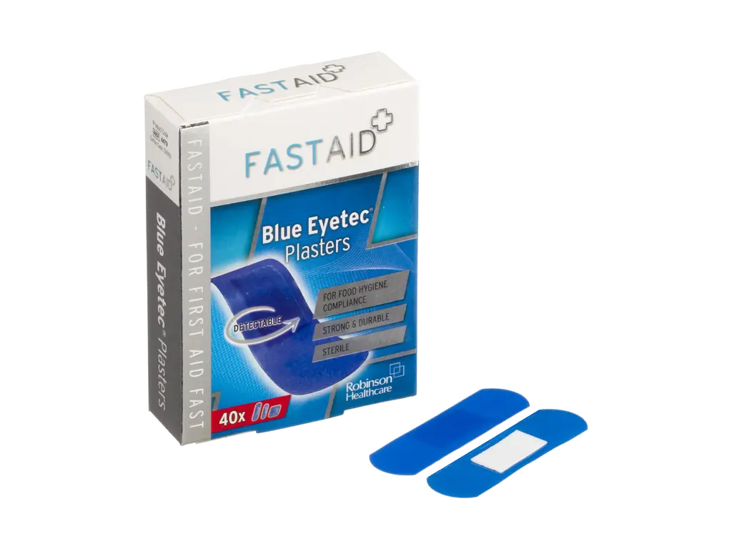 Fast Aid Sterile Blue Eyetec Plasters 40 Assorted Plasters In 3 Sizes photographed against a plain background.