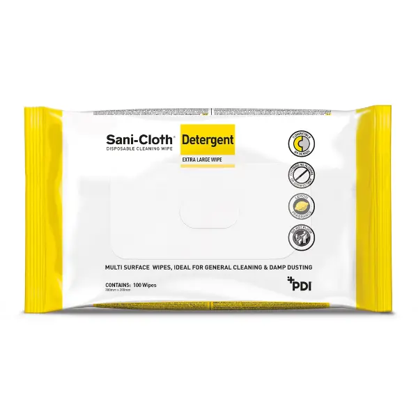 PDI Sani-Cloth Detergent Wipes Pack of 100 photographed against a plain background.