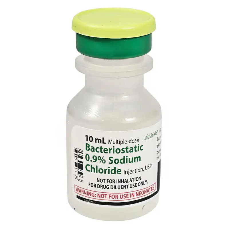 Pfizer Bacteriostatic Sodium Chloride 0.9%, 10 mL Vials photographed against a plain background.